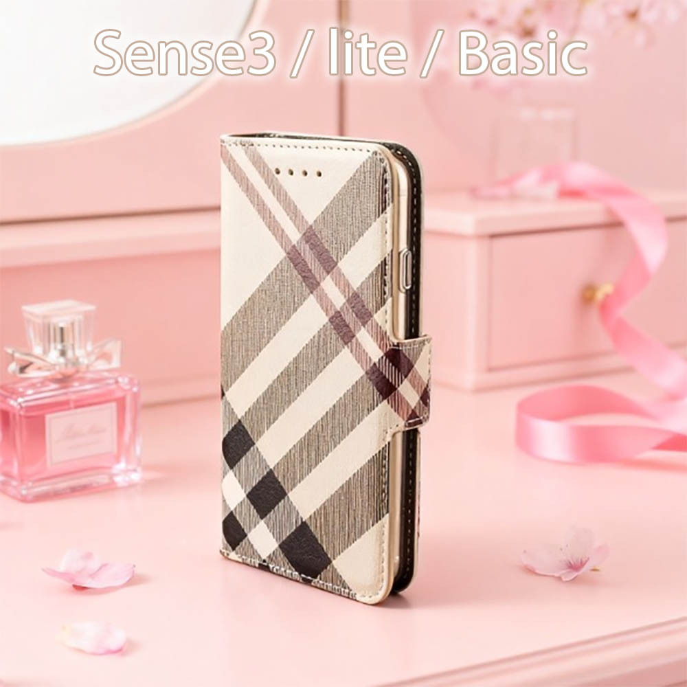 Sense3 lite Basic ケース SHM12 SHV48 手帳型 おしゃれ ベージュ 茶 可愛い カバー 鏡付 ストラップ スマホケース チェック柄 送料無料_画像1