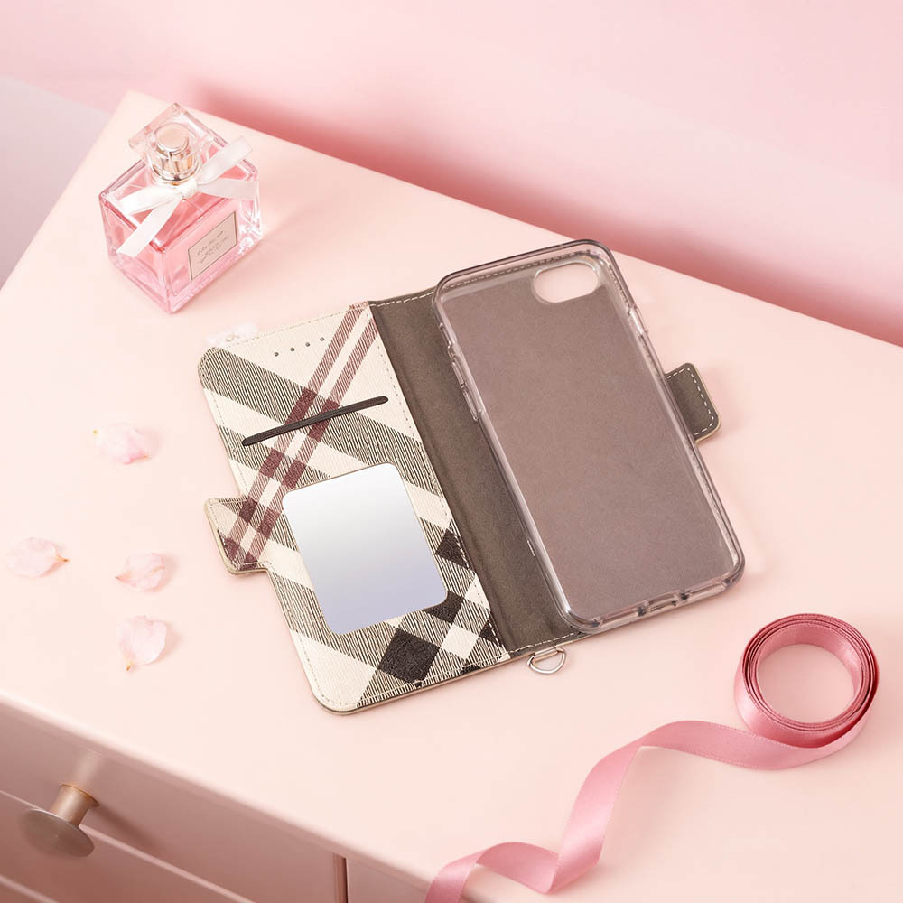 Sense3 lite Basic ケース SHM12 SHV48 手帳型 おしゃれ ベージュ 茶 可愛い カバー 鏡付 ストラップ スマホケース チェック柄 送料無料_画像2