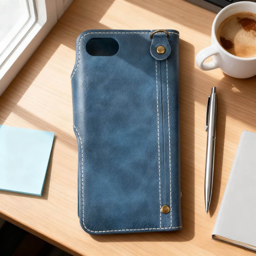 処分 2個セット iPhone8plus iPhone 7plus ケース 6splus ストラップ レザー カバー 革 手帳型 青 ブルー オレンジ 茶 ボタン スマホケース_画像9