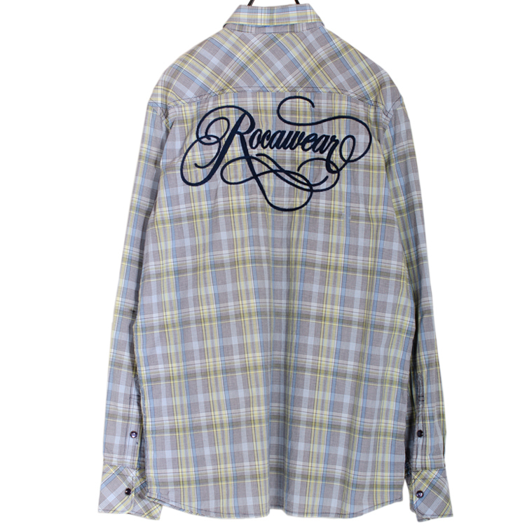 希少 ROCAWEAR ロカウエアー 長袖シャツ ワークシャツ メンズ Lサイズ チェック柄 マルチ 刺デザイン スナップボタン _画像5