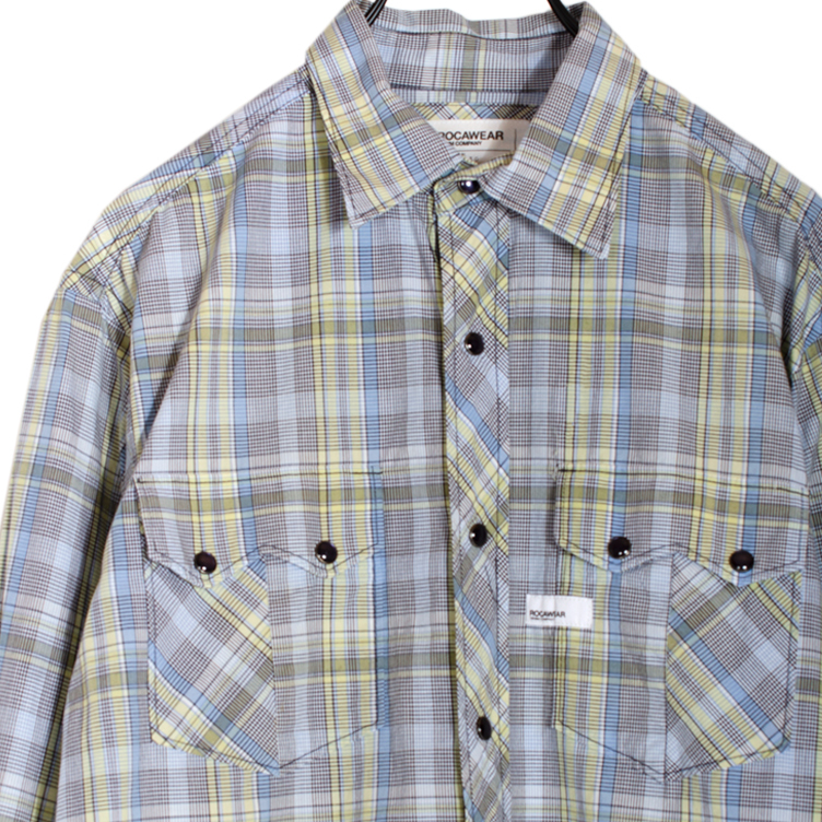 希少 ROCAWEAR ロカウエアー 長袖シャツ ワークシャツ メンズ Lサイズ チェック柄 マルチ 刺デザイン スナップボタン _画像3