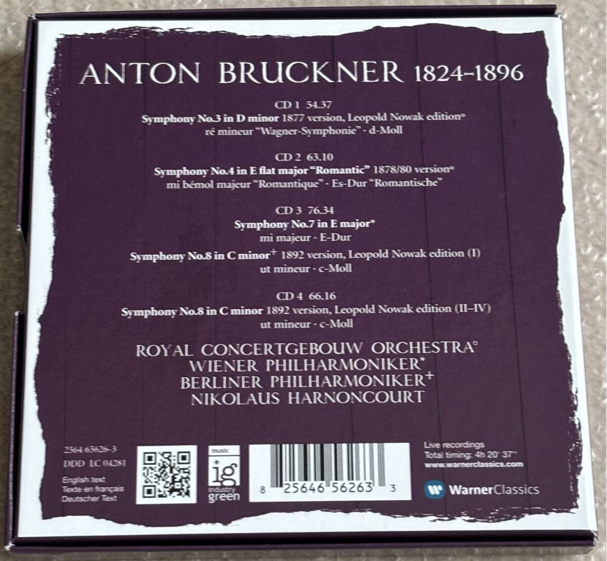 ブルックナー　交響曲第3・4・7・8番　アーノンクール/コンセルトヘボウ管弦、ウィーン・フィル、ベルリン・フィル　4CD BOX_画像2
