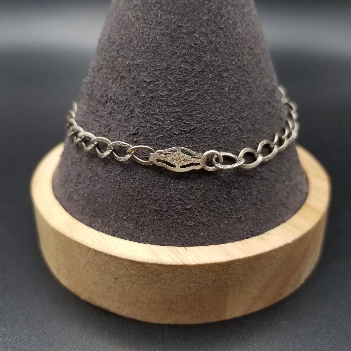40'50's オーバルチェーン フローラル エッチング 925 シルバー ヴィンテージ ブレスレット 銀 シンプル スタイリッシュ レトロ Y24-U_画像3