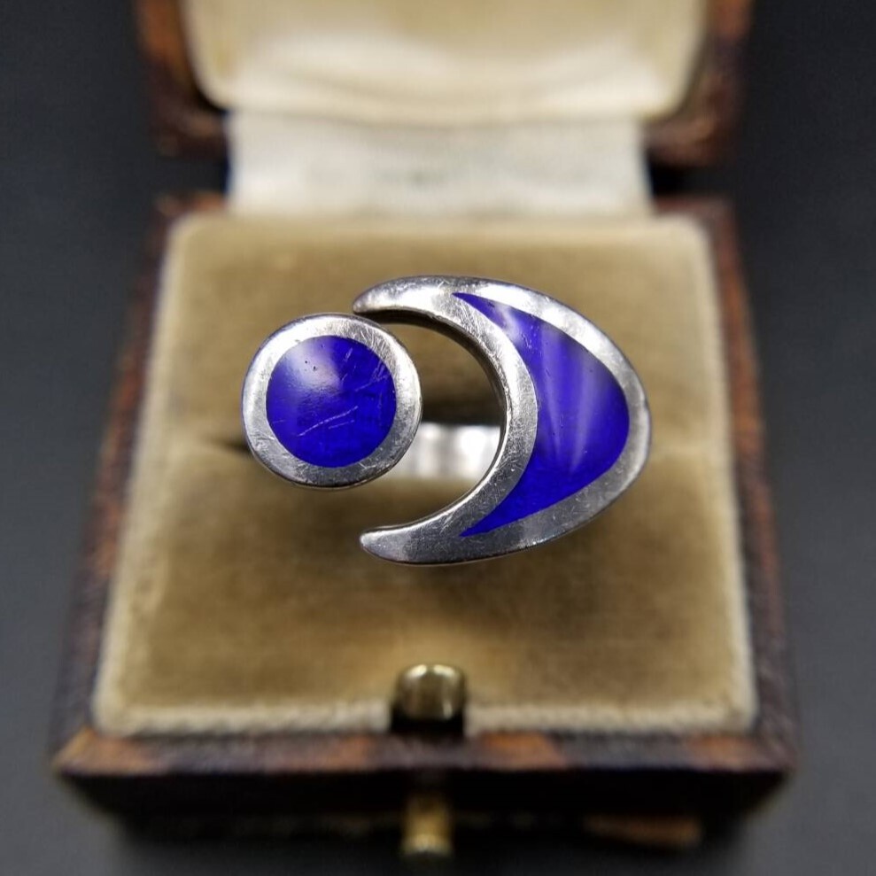 Sorini Pietro & Casi イタリア ヴィンテージ 三日月と惑星 925シルバー リング ブルーエナメル 銀 指輪 宇宙モチーフ 大ぶり 存在感 Y25-B_画像1