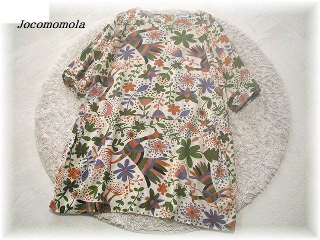 送料無料*ホコモモラ/Jocomomola*北欧風テキスタイル アニマル＆フラワー柄チュニックトップス/Aラインシルエット/コットンレーヨン/40_画像1