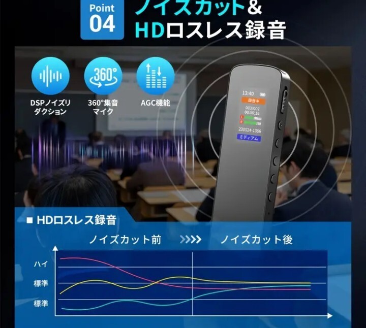 高性能 ボイスレコーダー 大容量32GB 液晶ディスプレイ 高音質 ノイズカット コンパクト ワンタッチ録音 新品 送料無料_画像8