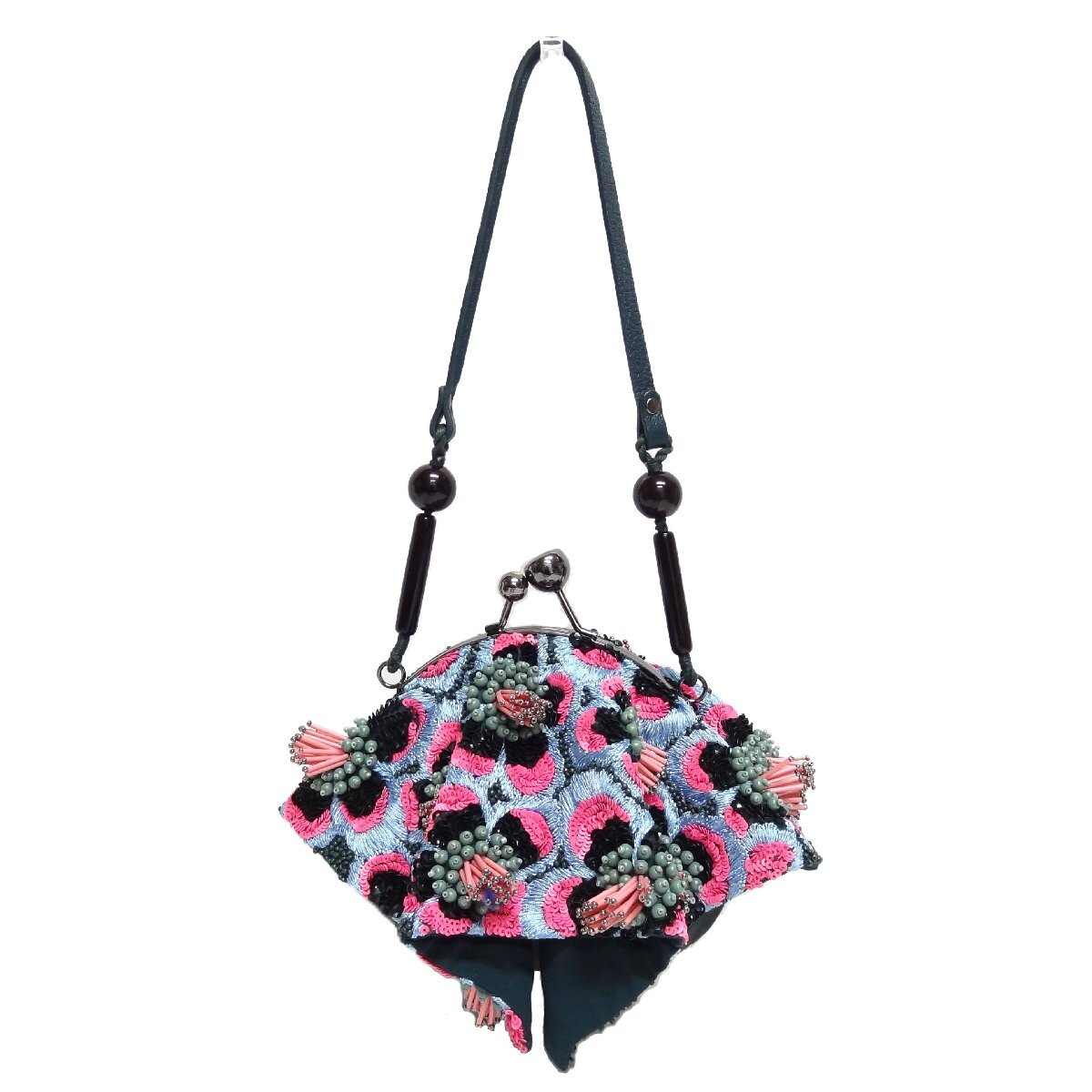 JAMIN PUECH ジャマン ピュエッシュ がま口 ハンドバッグ パーティーバッグ ビーズ スパンコール 水色×ピング H.P.FRANCE BIJOUX ☆_画像1