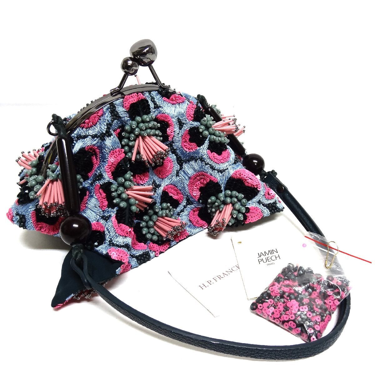 JAMIN PUECH ジャマン ピュエッシュ がま口 ハンドバッグ パーティーバッグ ビーズ スパンコール 水色×ピング H.P.FRANCE BIJOUX ☆_画像2