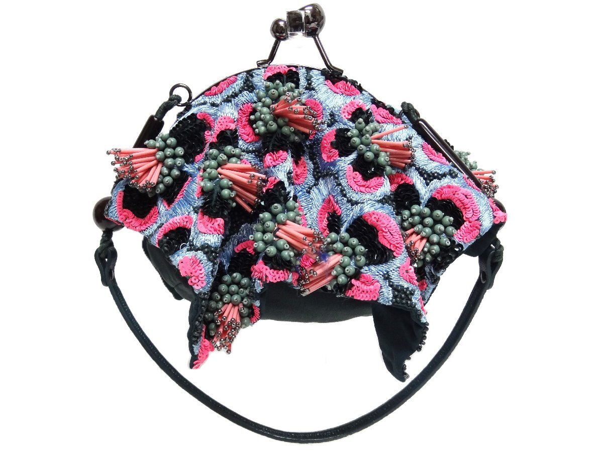 JAMIN PUECH ジャマン ピュエッシュ がま口 ハンドバッグ パーティーバッグ ビーズ スパンコール 水色×ピング H.P.FRANCE BIJOUX ☆_画像3