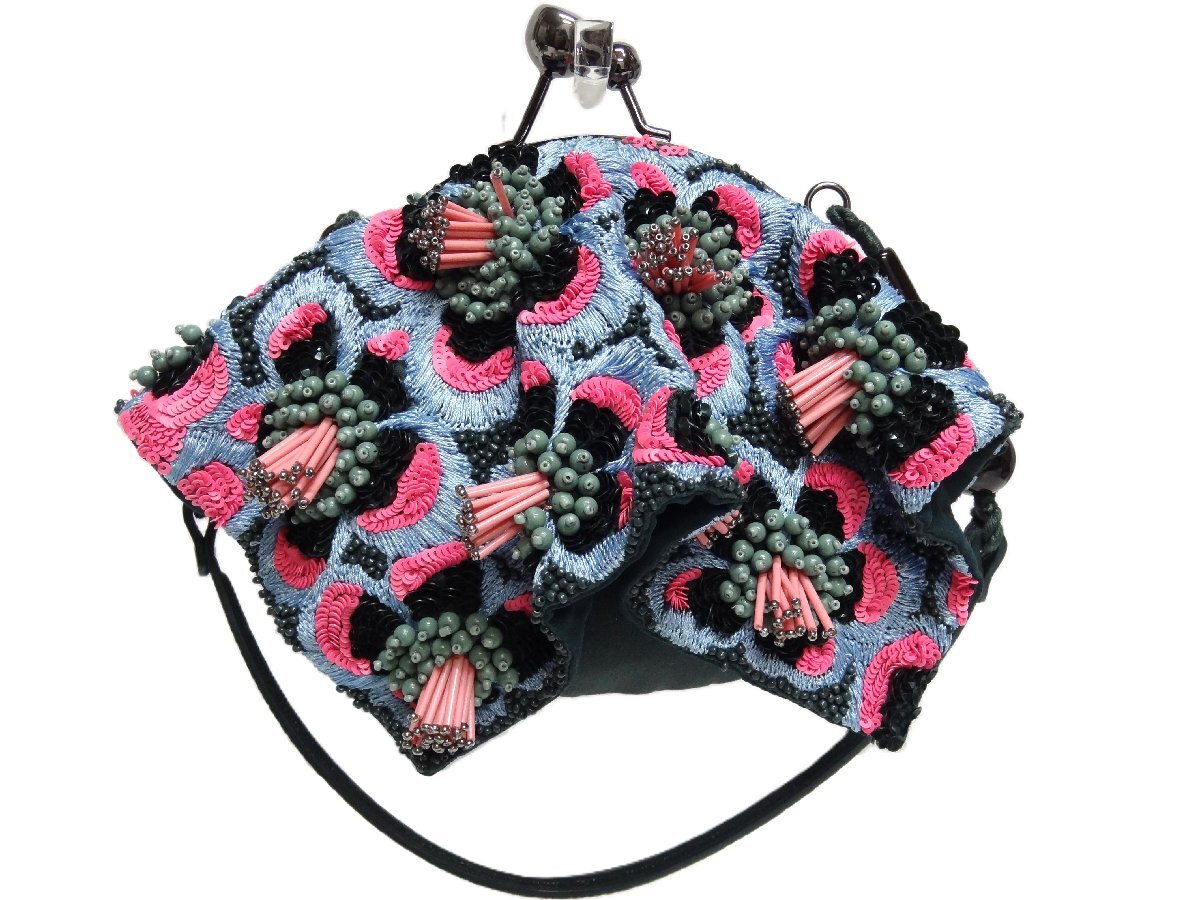 JAMIN PUECH ジャマン ピュエッシュ がま口 ハンドバッグ パーティーバッグ ビーズ スパンコール 水色×ピング H.P.FRANCE BIJOUX ☆_画像4