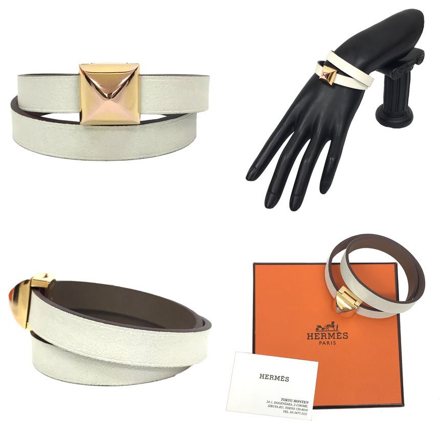 セール HERMES エルメス メドール アンフィニ ドゥブルトゥール ブレスレット T2サイズ C刻印 白 ゴールド レザー 送料無料 aq6029_画像2