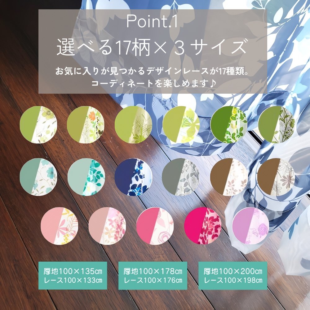 遮光カーテン 4枚セット 【柄/色:エリーナ/ネイビー】 (遮光カーテン幅100×丈200㎝2枚+柄レース幅100×丈198㎝2枚)_画像3