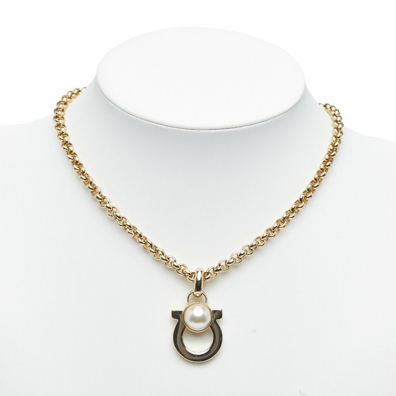  б/у Salvatore Ferragamo gun chi-ni колье Gold металлизированный A разряд поддельный жемчуг [ бесплатная доставка ][ запад бог магазин ]