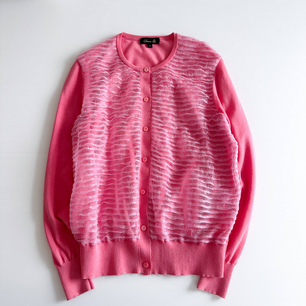 Drawer ドゥロワー / 18Gフリル クルーネック カーディガン ピンク_画像1