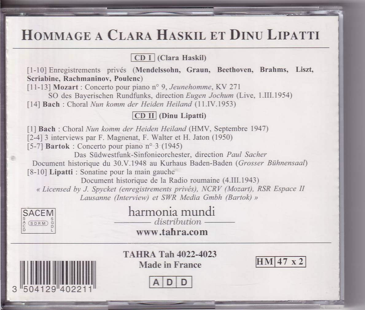 クララ・ハスキル＆ディヌ・リパッティ Hommage～幻の音源集 2CD 仏TAHRA_画像2