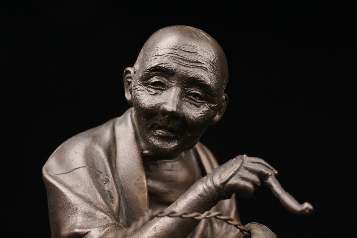 【LIG】超絶技巧 時代金工師 仁寿斎 本人最上位作 古銅製 牛老人置物 49㎝ 14㎏ 圧巻の写実 細密細工 古美術品 旧家収蔵品[.TI]25.10_画像7