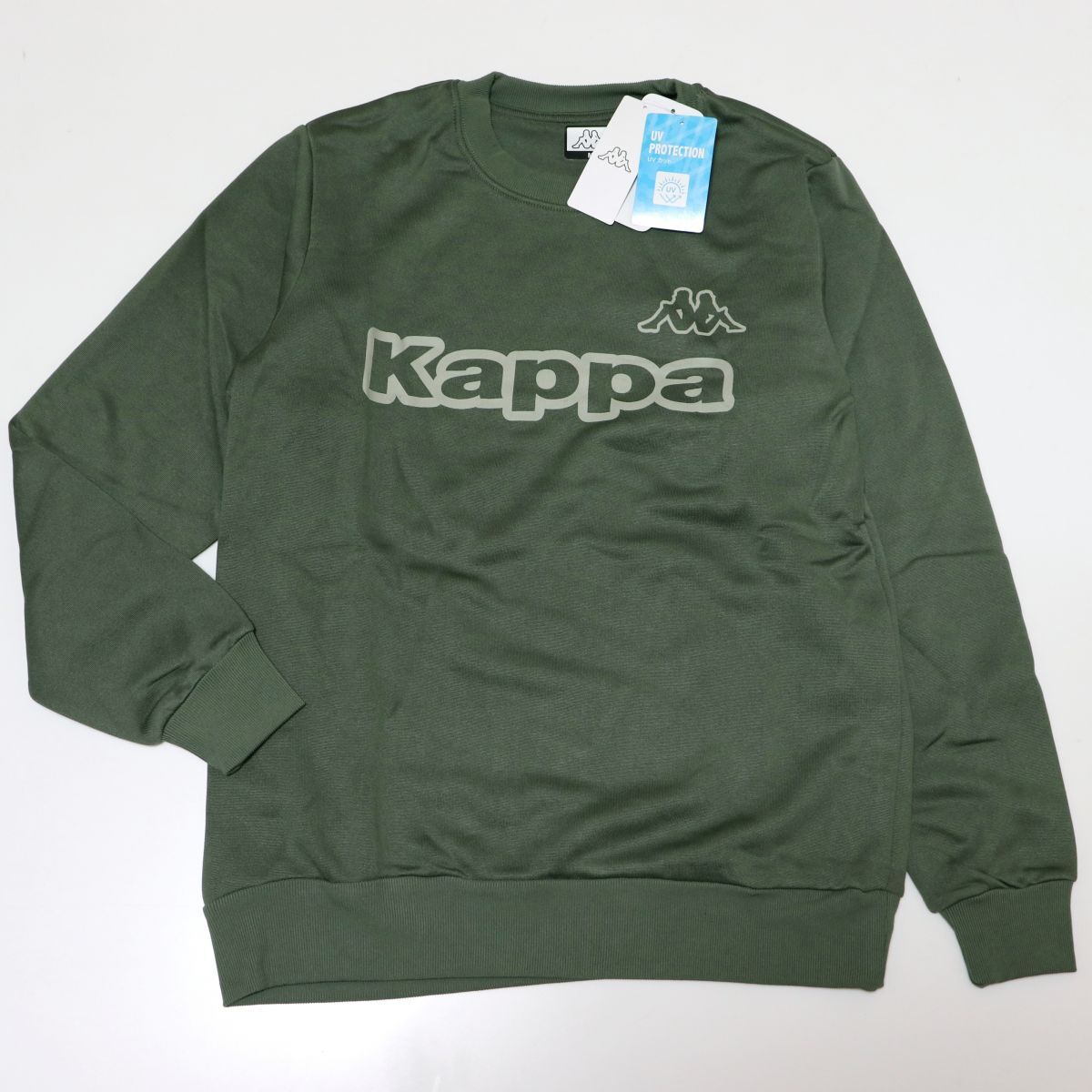 ★カッパ KAPPA メンズ UVカット 裏起毛 保温 ビッグロゴ スウェット トレーナー シャツ カーキ Lサイズ [245345-KH-L]一 三 弐★QWER★_画像2