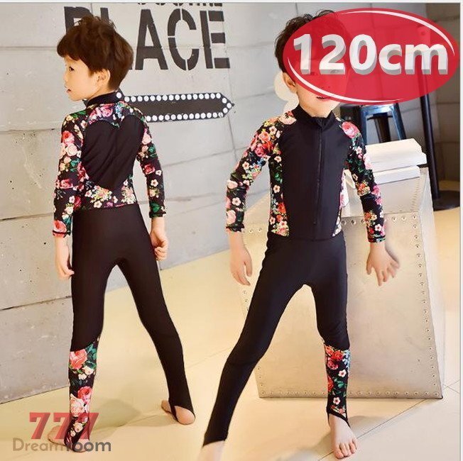 kids 2點セット フラワー 花柄 ブラック ラッシュガード+海水パンツ セットアップ男女兼用 【120cm】 K-244 スイムウェアー