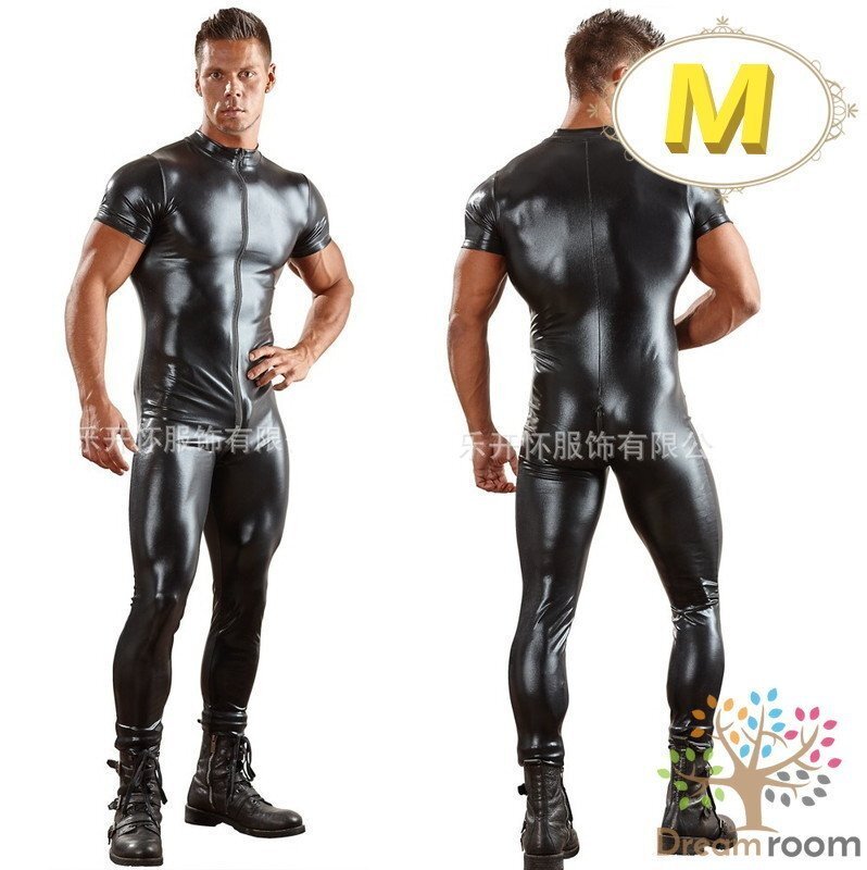 men's レザー 半袖 ボディースーツ 【M】 メンズ ハード ロック マッチョ セクシー 男性 コスプレ レオタード M-077