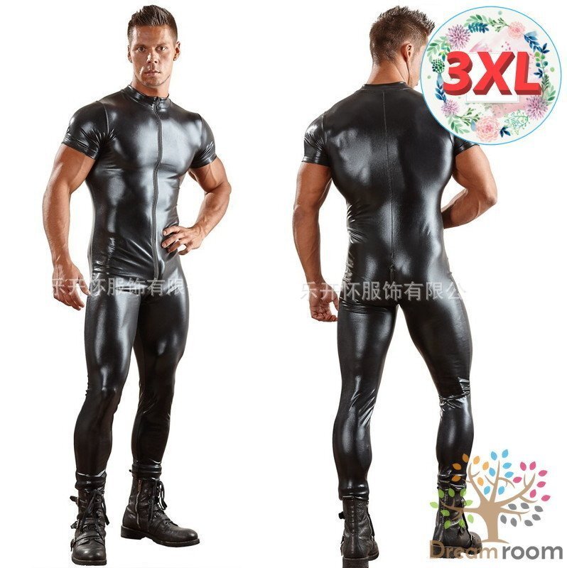men's レザー 半袖 ボディースーツ 【3XL】 メンズ ハード ロック マッチョ セクシー 男性 コスプレ レオタード M-077
