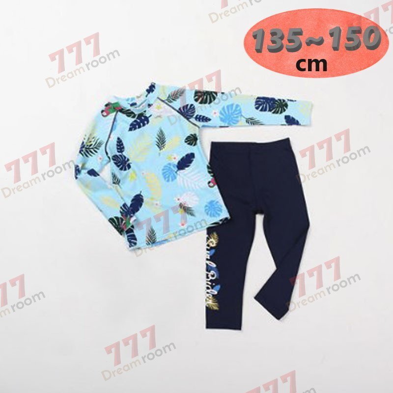 ラッシュガード 水著 上下セットアップ ブルー【4XL】135-150cm 子供服 男女 レギンス 長袖 ズボン 日よけ ビキニ 海 プール swi-112