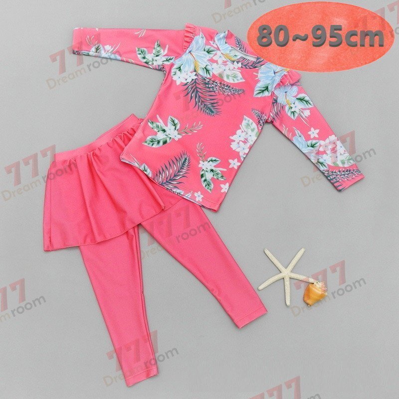 ラッシュガード 水著 上下セットアップ ピンク【M】80-95cm 子供服 女の子 レギンス 長(zhǎng)袖 ズボン 日よけ ビキニ 海 プール swi-108