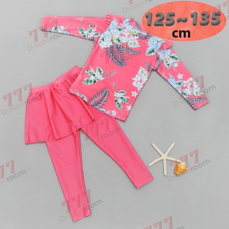 ラッシュガード 水著 上下セットアップ ピンク【3XL】125-135cm 子供服 女の子 レギンス 長袖 ズボン 日よけ ビキニ 海 プール swi-108