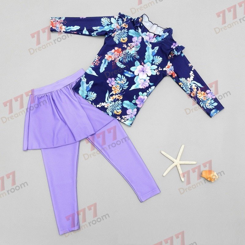 ラッシュガード 水著 上下セットアップ ブルー【3XL】125-135cm 子供服 女の子 レギンス 長袖 ズボン 日よけ ビキニ 海 プール swi-108