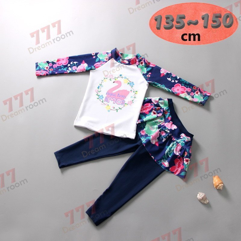 ラッシュガード 水著 上下セットアップ ブルー【4XL】135-150cm 子供服 女の子 レギンス 長袖 ズボン 日よけ ビキニ 海 プール swi-107