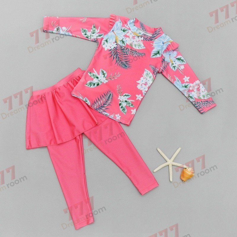 ラッシュガード 水著 上下セットアップ ピンク【2XL】115-125cm 子供服 女の子 レギンス 長袖 ズボン 日よけ ビキニ 海 プール swi-108