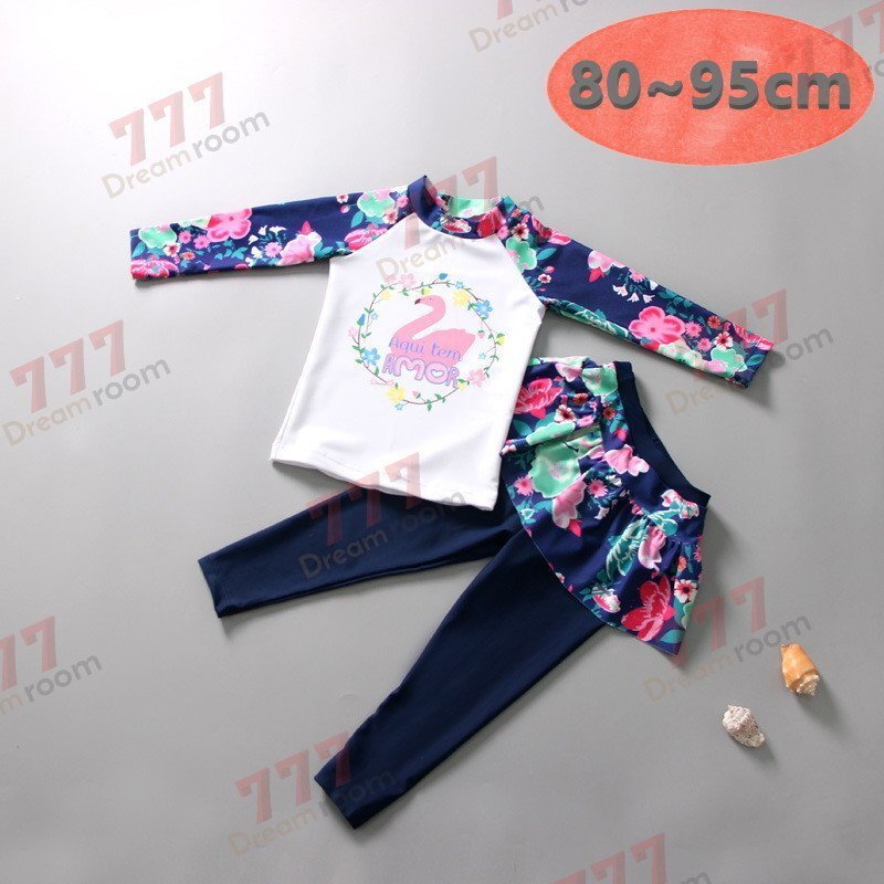 ラッシュガード 水著 上下セットアップ ブルー【M】80-95cm 子供服 女の子 レギンス 長袖 ズボン 日よけ ビキニ 海 プール swi-107