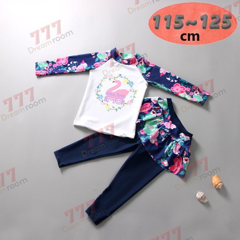ラッシュガード 水著 上下セットアップ ブルー【2XL】115-125cm 子供服 女の子 レギンス 長袖 ズボン 日よけ ビキニ 海 プール swi-107