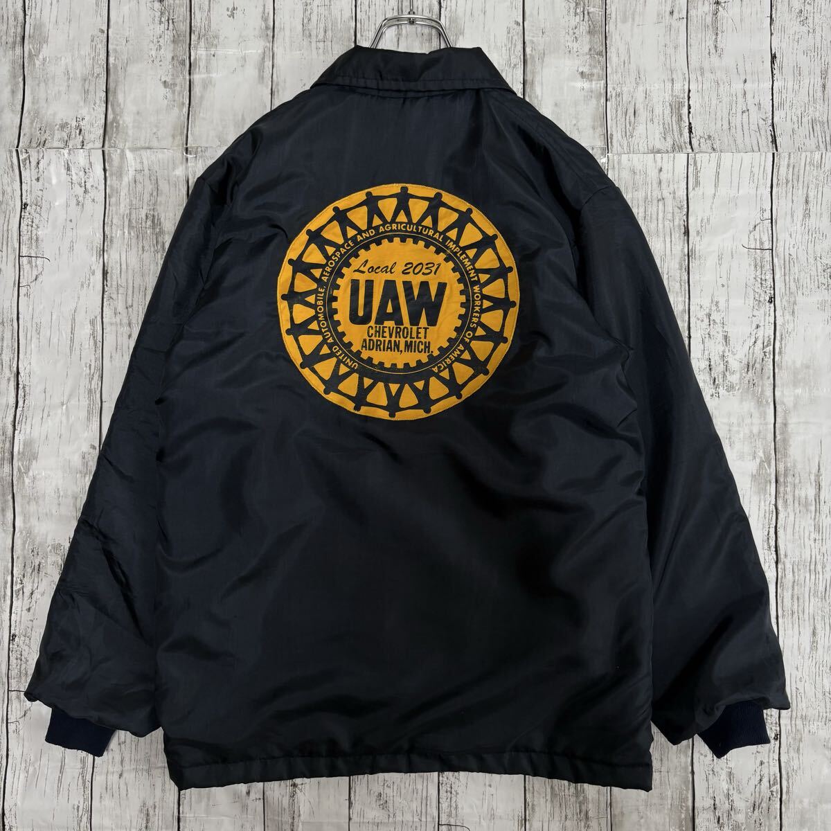 USA製 UAW ビッグワッペン ボア裏地 ナイロンコーチジャケット ブルゾン Lサイズ US古着 ヴィンテージ_画像1