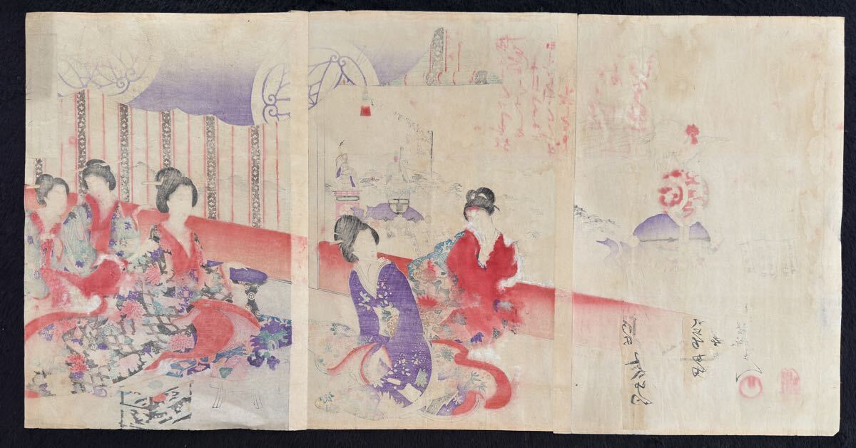 明治期/真作 楊洲周延「千代田之大奥 神田祭礼上覧」本物浮世絵木版画 美人画 錦絵 大判 三枚続き 裏打ち_画像10