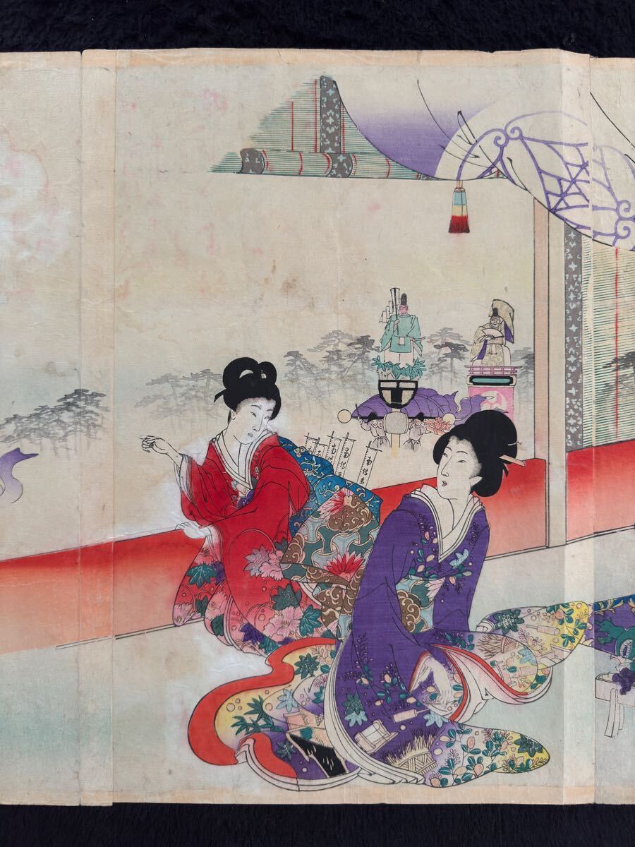 明治期/真作 楊洲周延「千代田之大奥 神田祭礼上覧」本物浮世絵木版画 美人画 錦絵 大判 三枚続き 裏打ち_画像4