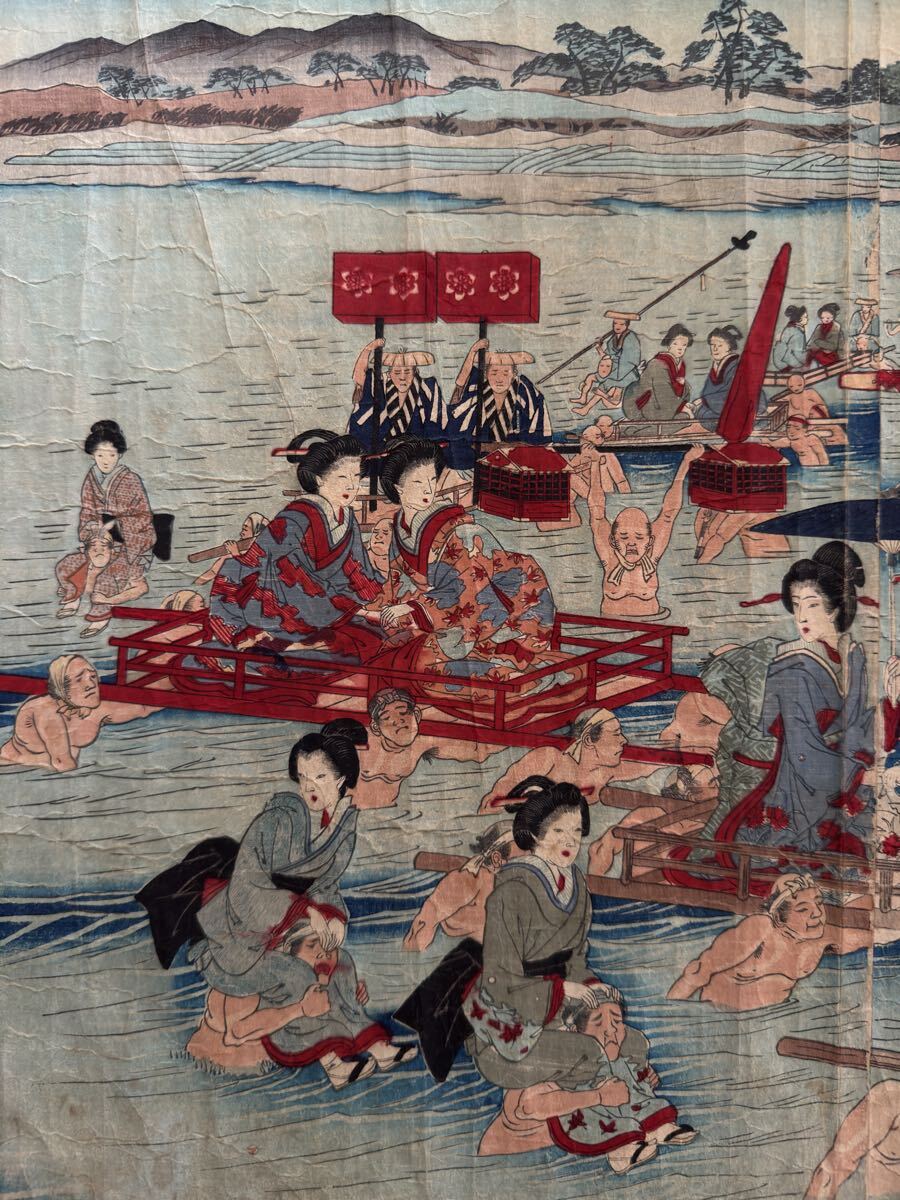 明治期/真作 東洲勝月「観古東錦 幕府道中川越之図」本物浮世絵木版画 美人画 錦絵 大判 三枚続き 裏打ち_画像6