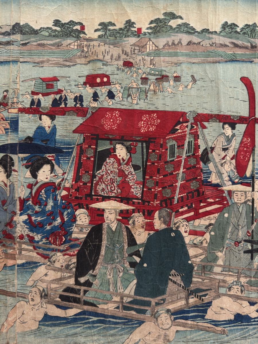 明治期/真作 東洲勝月「観古東錦 幕府道中川越之図」本物浮世絵木版画 美人画 錦絵 大判 三枚続き 裏打ち_画像7
