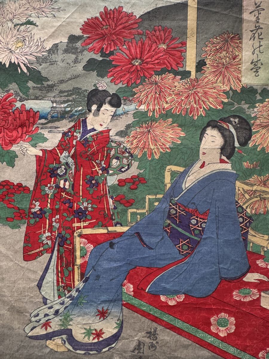 明治期/真作 楊洲周延「秋園菊花の盛」本物浮世絵木版画 美人画 錦絵 大判 三枚続き_画像8
