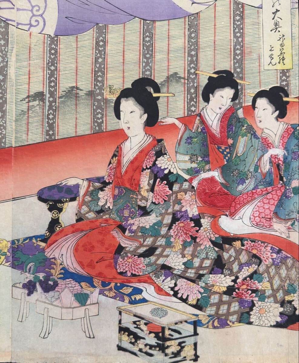 明治期/真作 楊洲周延「千代田之大奥 神田祭礼上覧」本物浮世絵木版画 美人画 錦絵 大判 三枚続き 裏打ち_画像7