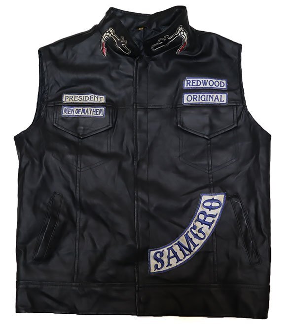 VE26クラブ チームベストUNKNOWNアメリカ古着ライダースベスト合皮フェイクレザーSONS OF ANARCHYパッチ付き黒系Sサンズ オブ アナーキー_画像3