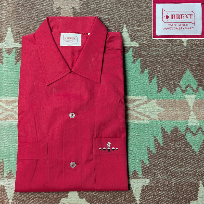 デッドストック 【BRENT】 60年代 オープンカラー ボックス シャツ L 赤 コットン ループカラー モンゴメリーワード ビンテージ 50s60s70s_画像1