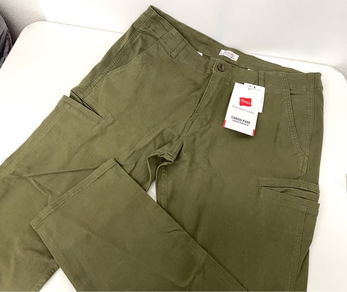 Hanes メンズ カーゴパンツ 38×30 ストレッチ チノパン カーキ 大きいサイズ_画像1