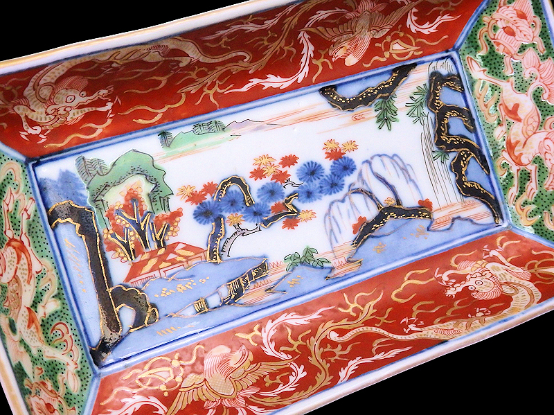 *. сердце * DBl-356mS большой . храм Imari фарфор с золотой росписью дракон . феникс ландшафт .. map длинная тарелка 