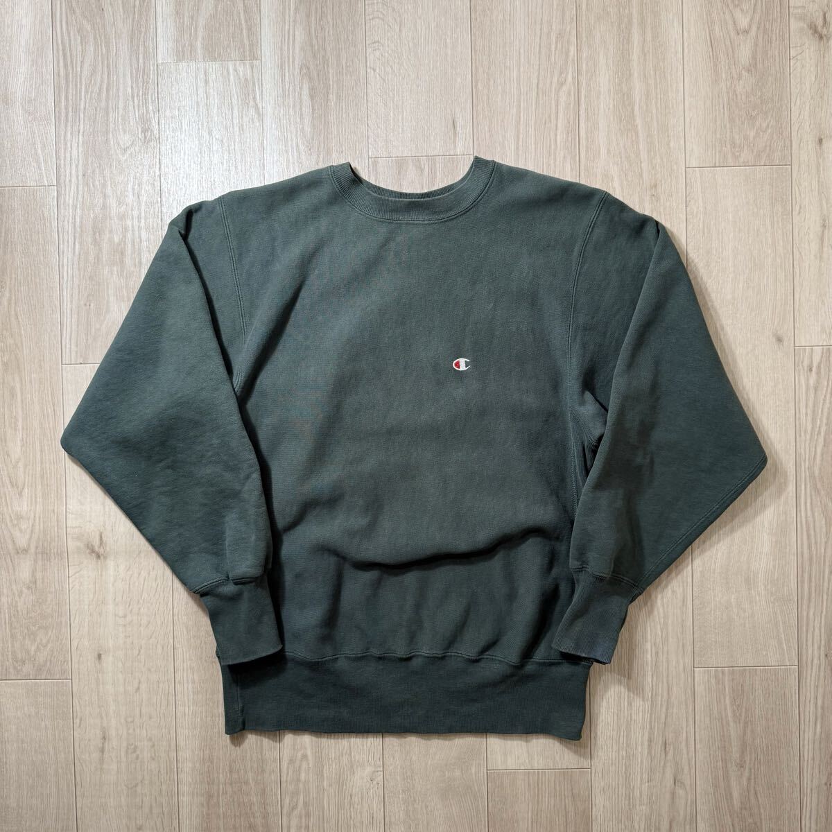 90s 無地 リバースウィーブ L グリーン 緑 USA製 刺繍タグ チャンピオン ビンテージ_画像1