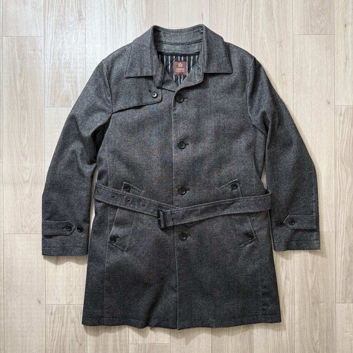 美品！タケオキクチ トレンチコート ウール サイズ2 (M~L相当) ライナー ベルト付き ステンカラーコート グレー_画像1