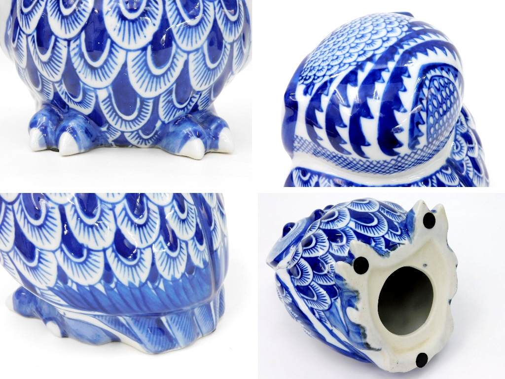 Y561Yちょる【インテリア小物】陶器製 フクロウの置物 不苦労 梟 高さ21㎝ 藍色 縁起物 置物 オブジェ 幸運のお守り 鳥 装飾品 玄関 立ち姿_画像6