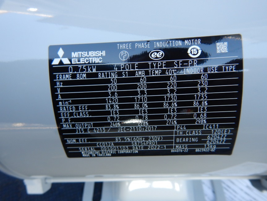 即決税0円未使用品三菱三相モートルSF-PR 0.75kw 4P 200V 三相モーター1馬力 2022年_画像5