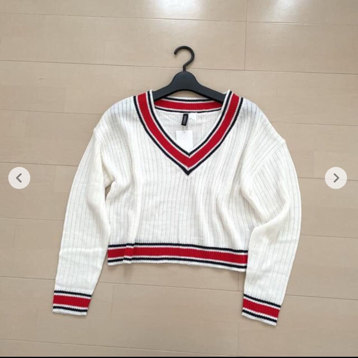 [新品] Vネック配色ラインニットトップス セーター ニット ホワイト ケーブルニット_画像3