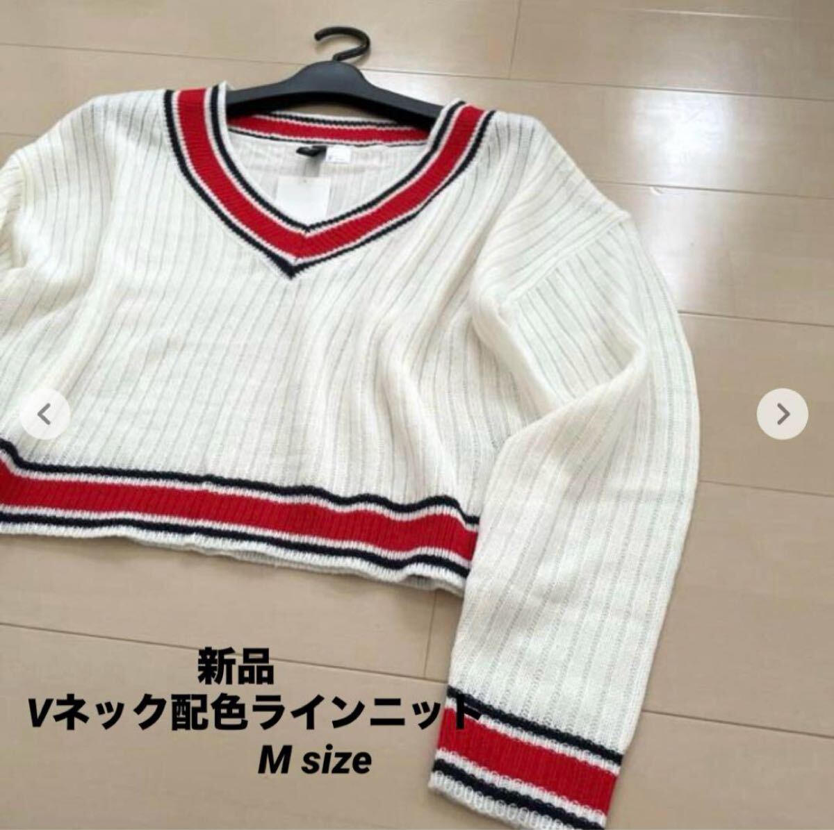 [新品] Vネック配色ラインニットトップス セーター ニット ホワイト ケーブルニット_画像1