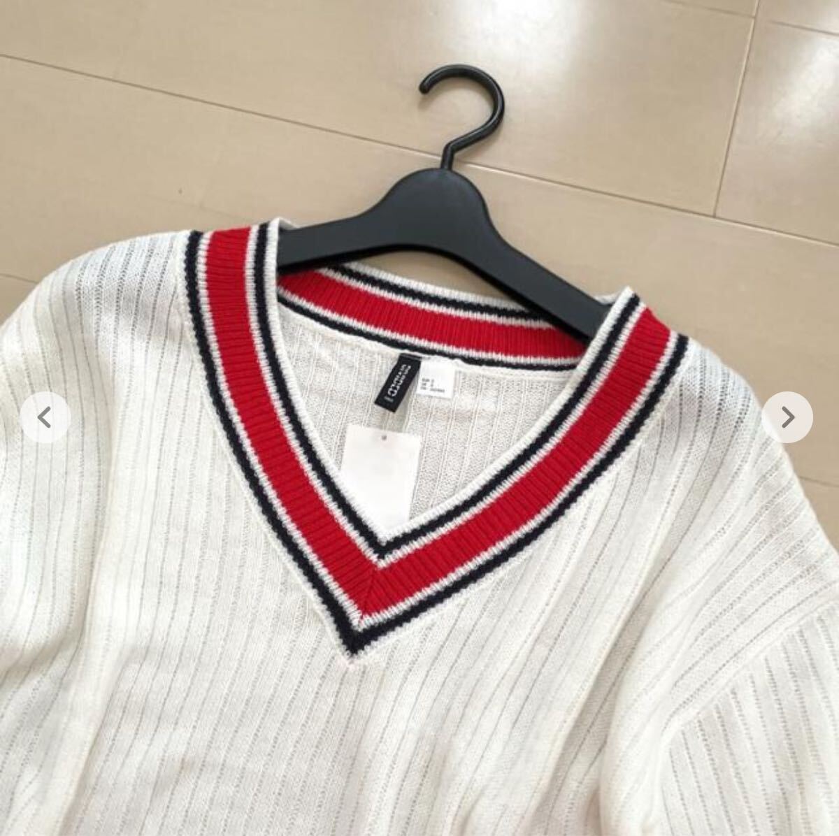 [新品] Vネック配色ラインニットトップス セーター ニット ホワイト ケーブルニット_画像4